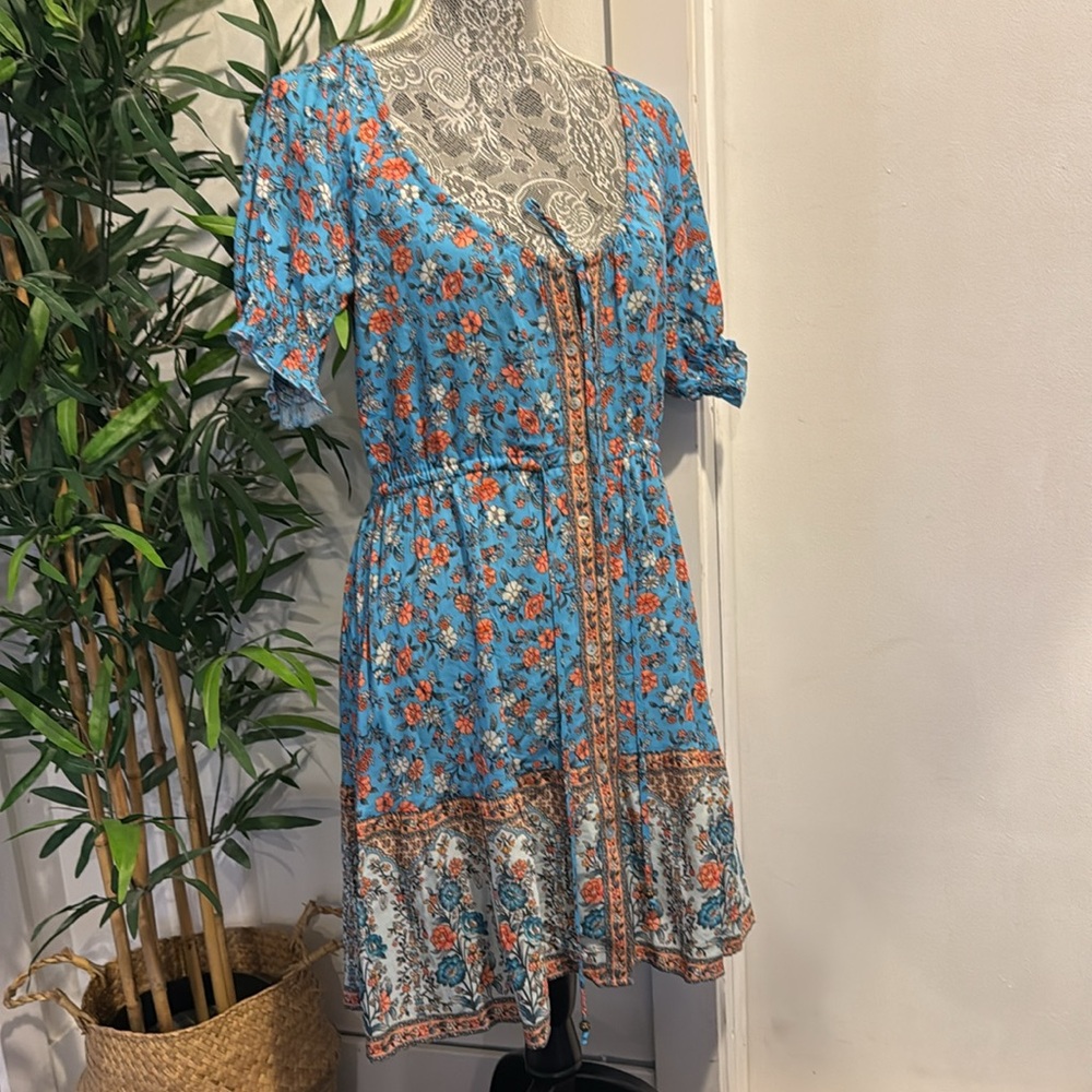 Arnhem Blue Floral Midi Dress with Orange Accents
